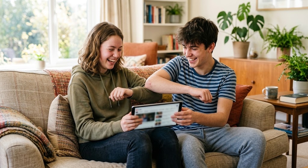 Two teenagers laughing together over a tablet while practising Japanese