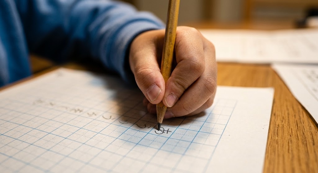 Close-up of a child's hand carefully writing kanji strokes on grid paper with a pencil