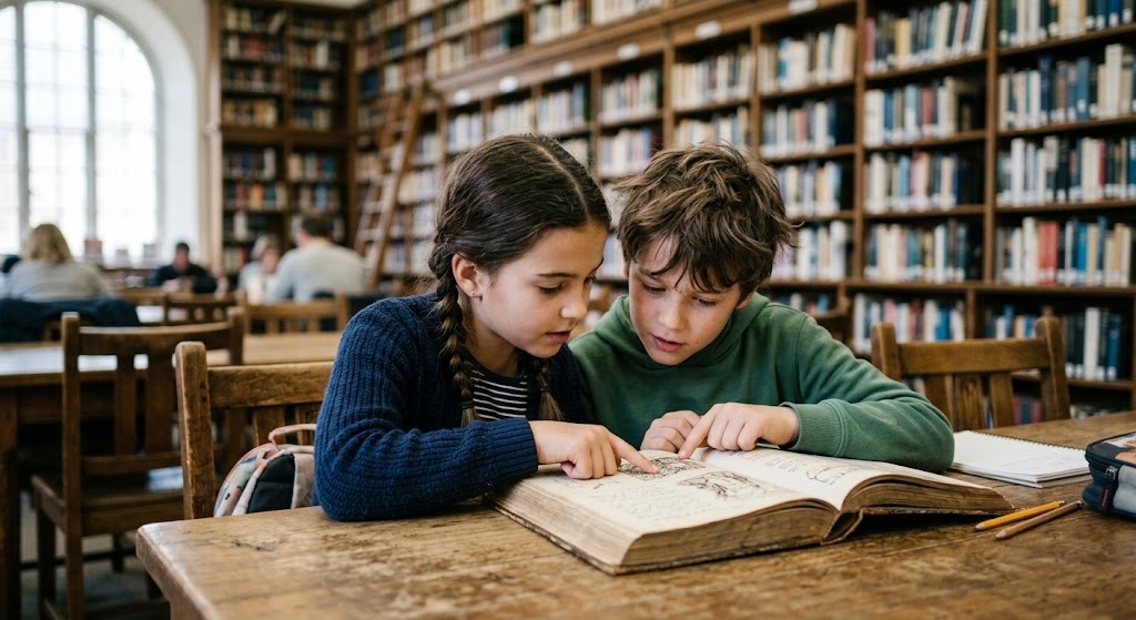 Two children sitting at a library table pointing at a page in an open book together