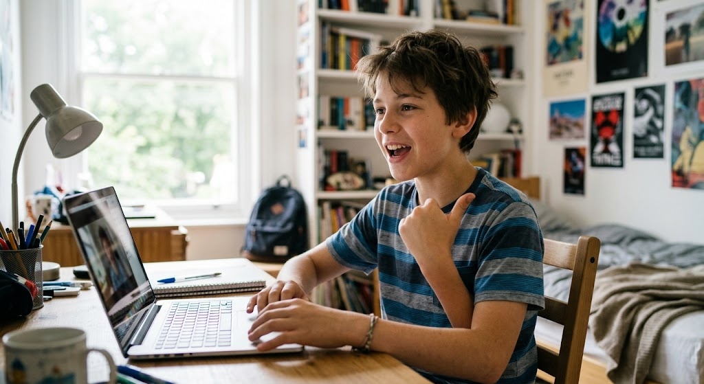 A teenage boy gesturing to himself while speaking Japanese during an online lesson at his desk