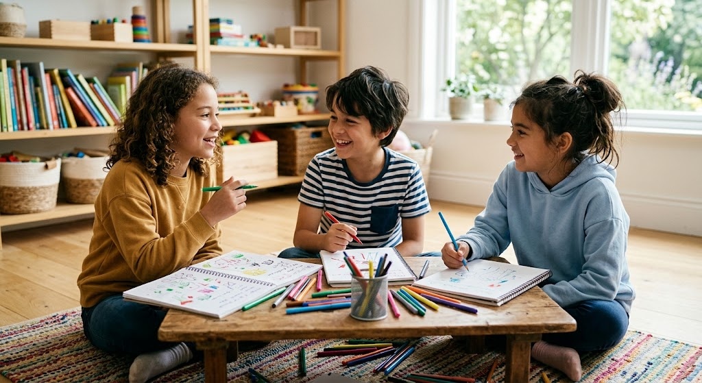 Three children sitting around a low table talking together with open notebooks