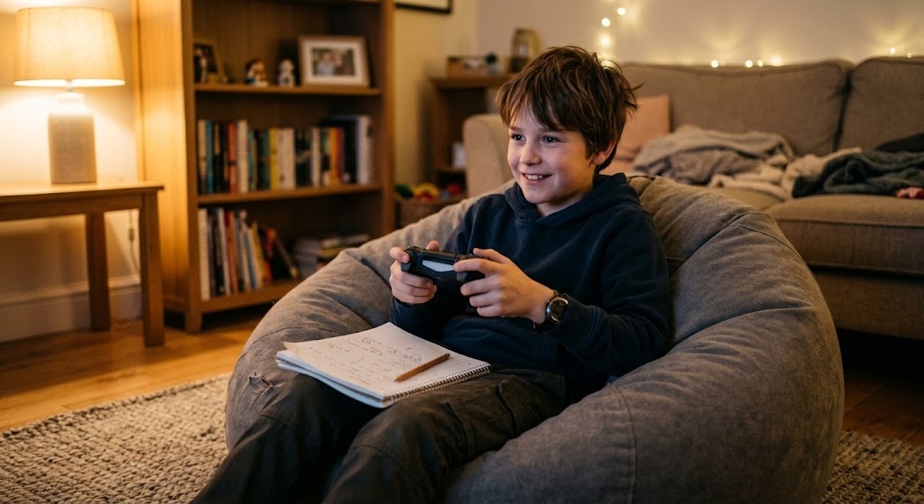 A boy sitting on a bean bag with a game controller and an open notebook on his lap