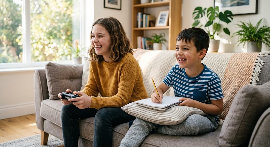 Two siblings sharing a sofa, one holding a game controller and the other writing in a notebook