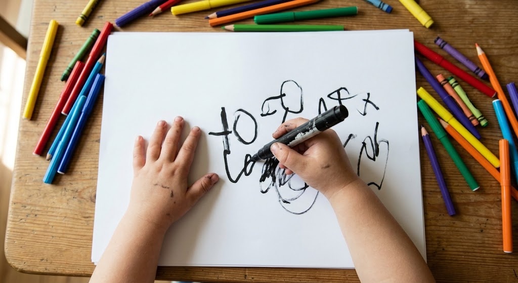 Top-down view of a child's hands writing large characters on a big sheet of paper with a marker
