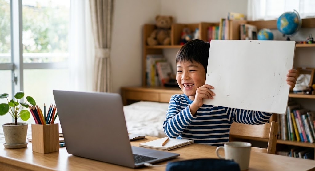 A child proudly holding up a sheet of paper toward a laptop camera during an online Japanese lesson