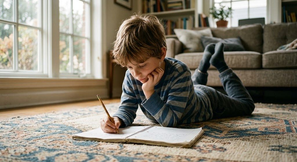 A boy lying on his stomach on a rug, chin propped on one hand, writing in a Japanese notebook in morning light