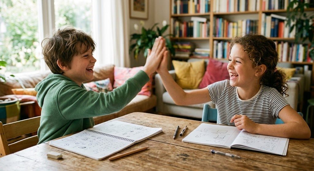 Two children high-fiving in front of a laptop after finishing an online Japanese lesson