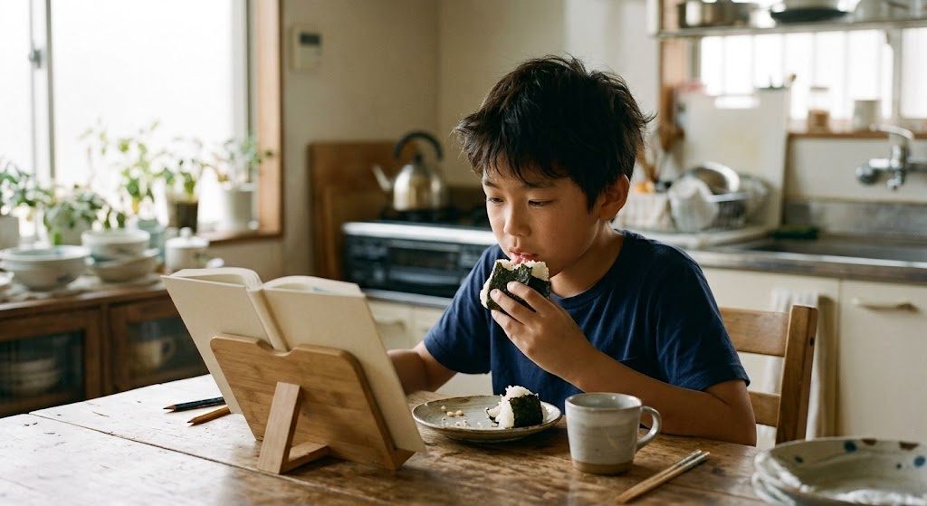A boy eating a rice ball at the kitchen table with an open Japanese book propped in front of him