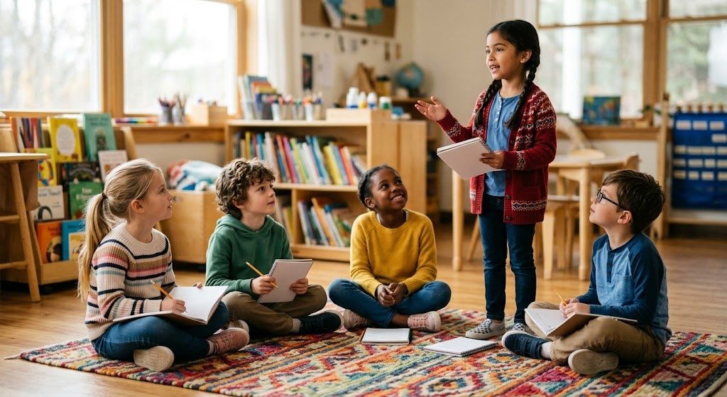 Four children sitting in a circle on the floor with notebooks while one stands up presenting to the group