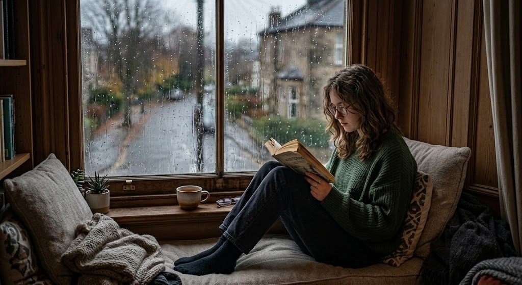 A teenager reading a Japanese book on a cushioned windowsill seat with rain running down the glass behind them