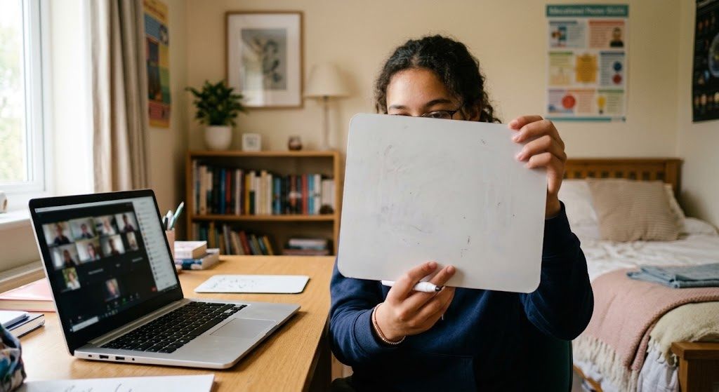 A teenage girl holding a small handwritten whiteboard up to her webcam during an online lesson