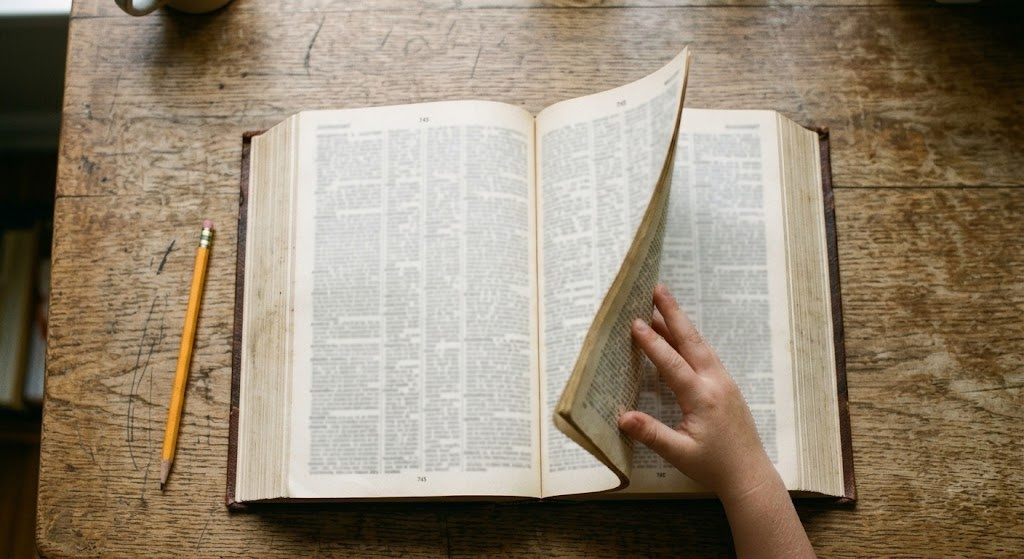 Overhead view of a desk with an open Japanese dictionary, a pencil, and a child's hand turning a page