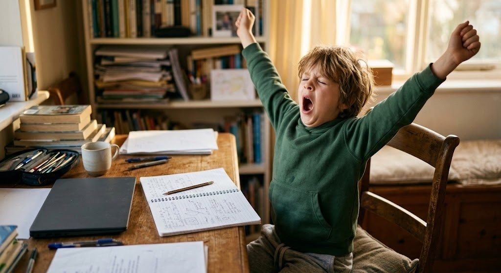 A child stretching and yawning at a study desk with an open notebook halfway through a session