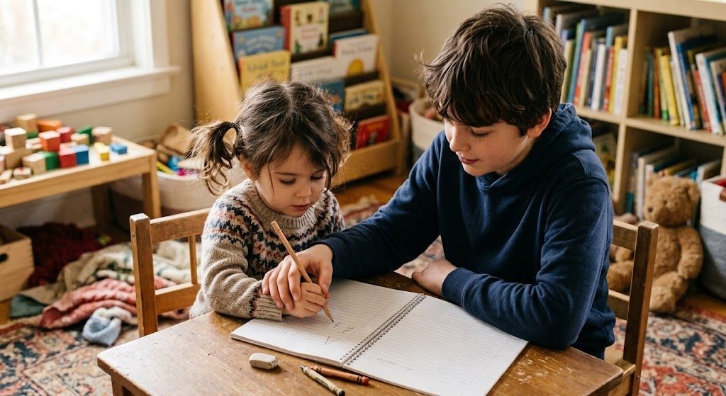 An older brother guiding his younger sibling's hand to hold a pencil correctly over a notebook