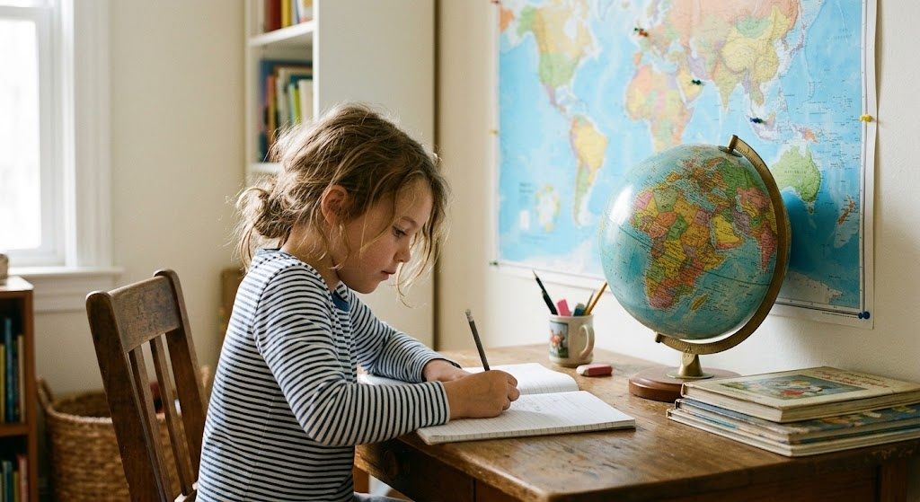 A child writing at a desk beside a globe, with a world map pinned on the wall behind them