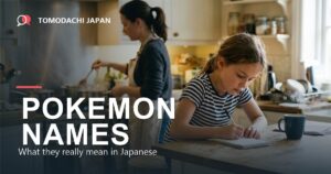 A girl writing katakana at a kitchen counter