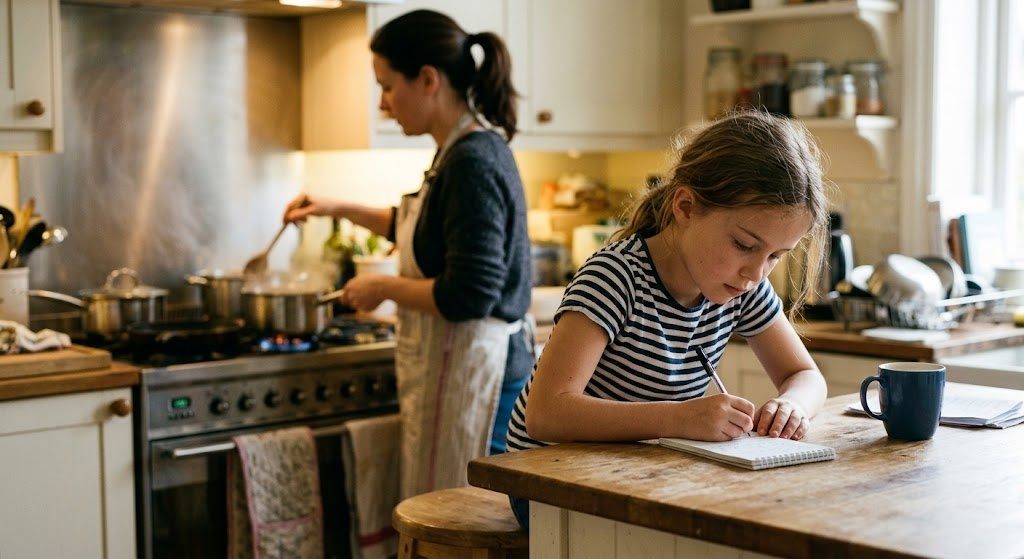 A girl writing katakana on a notepad at a kitchen counter while a parent cooks in the background