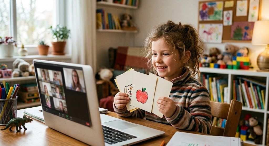 A child holding up handwritten flashcards to a laptop webcam during an online Japanese lesson