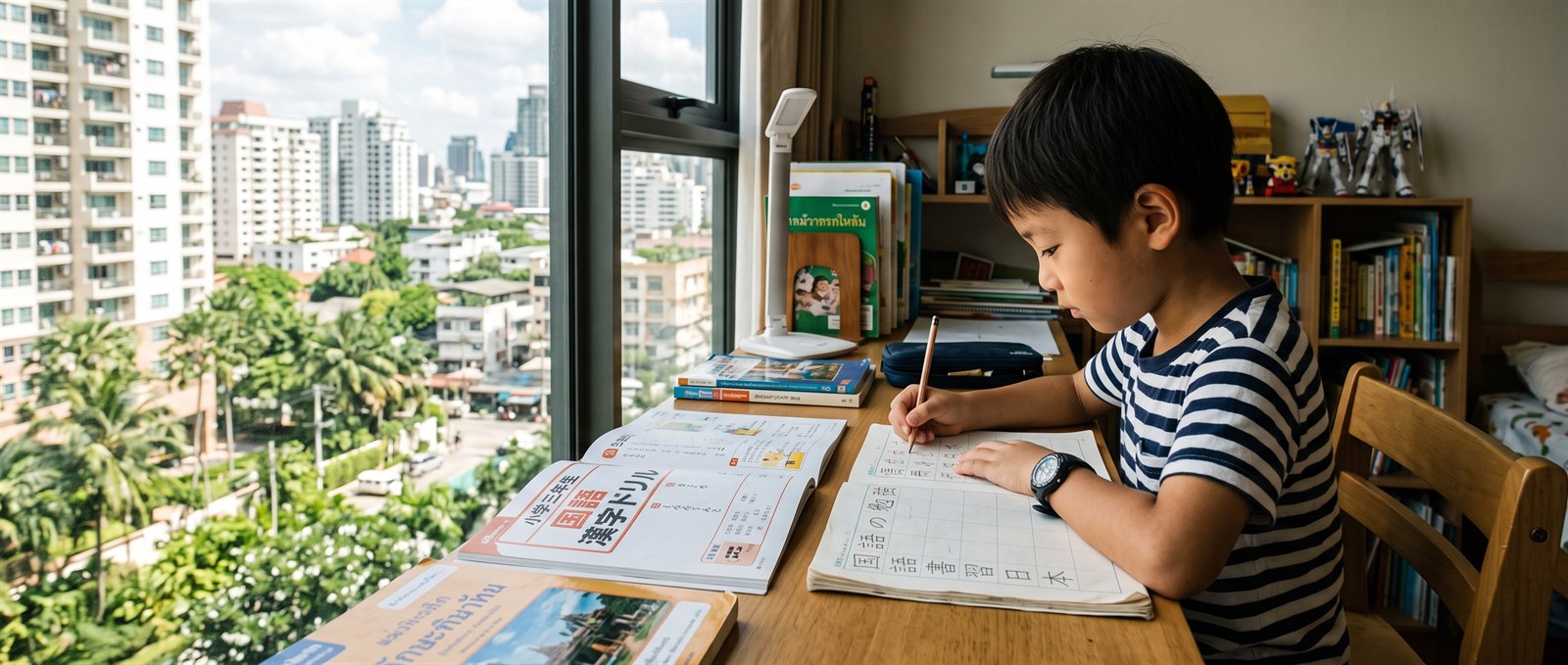 バンコクのコンドミニアムの部屋で、日本の教科書とノートを広げて勉強する日本人の小学生