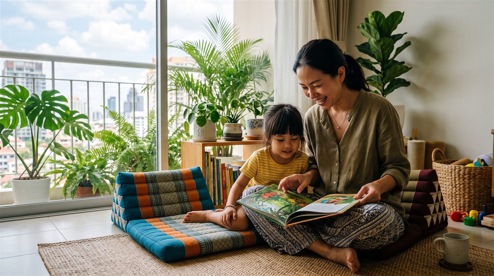 แม่ลูกครอบครัวไทย-ญี่ปุ่นอ่านนิทานภาษาญี่ปุ่นด้วยกันที่บ้านในกรุงเทพฯ