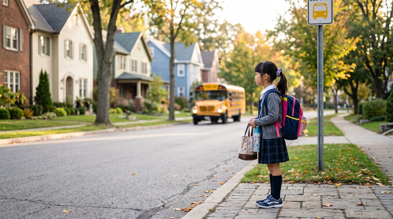 海外の住宅街の歩道でリュックを背負って通学バスを待っている小学生の女の子
