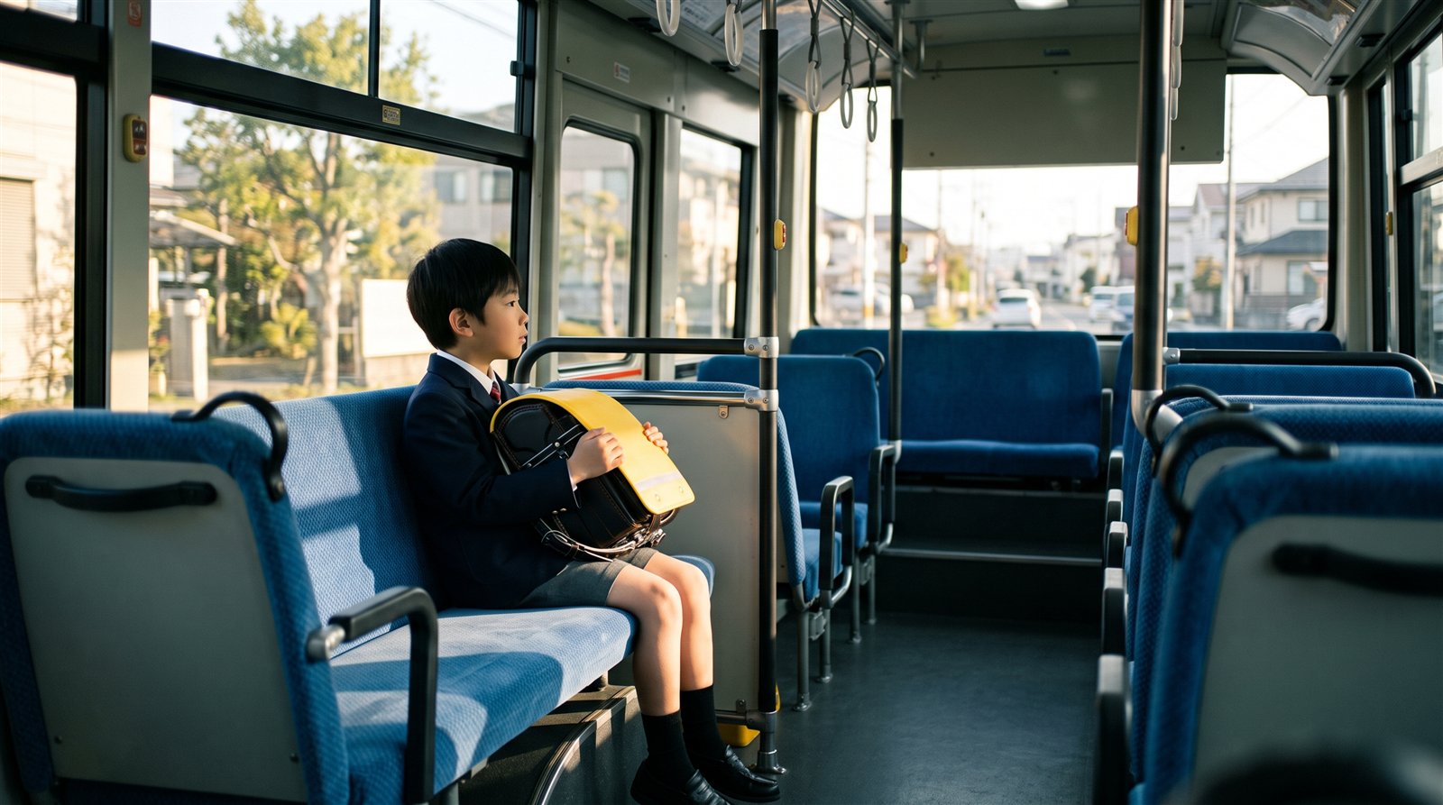 通学バスの窓ぎわの座席でリュックをひざに乗せて外をながめている小学生の男の子