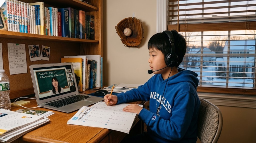 アメリカの自宅のリビングで、平日の夕方にノートを広げてオンラインの日本語授業を受ける小学生