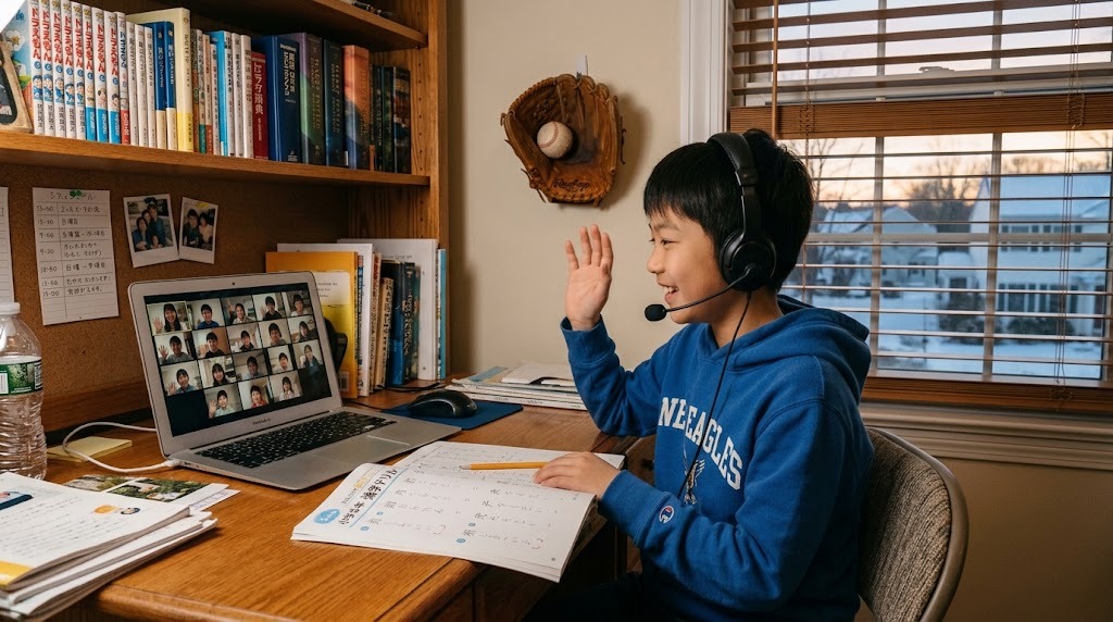 アメリカの自宅でオンライン授業の画面に映る日本の同世代の友達に手を振って笑う子ども