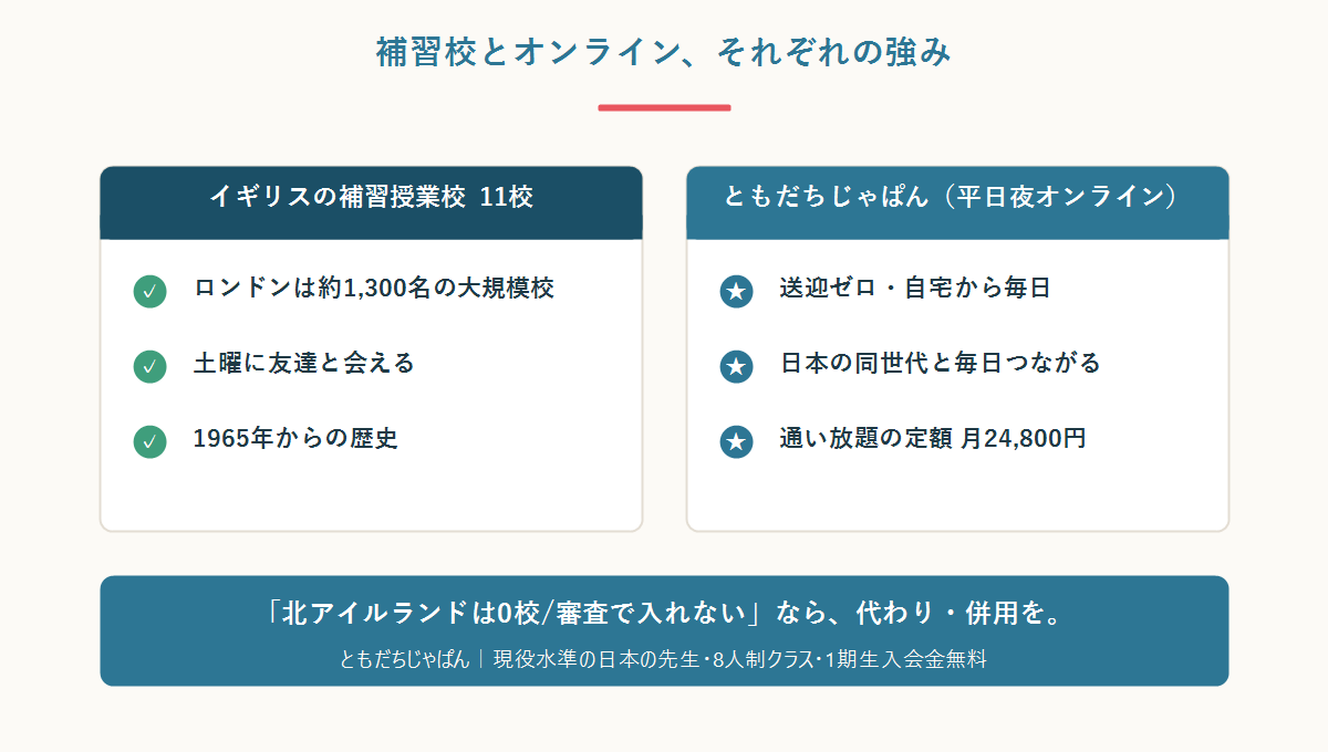 イギリスの日本語補習校11校(土曜・ロンドンに集中)とともだちじゃぱん(平日夜オンライン)を比較した図