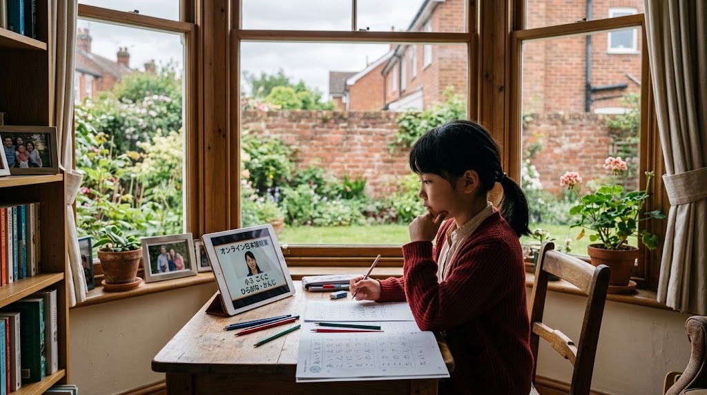 イギリスの自宅の部屋で、平日の夕方にオンラインの日本語グループ授業に参加する小学生