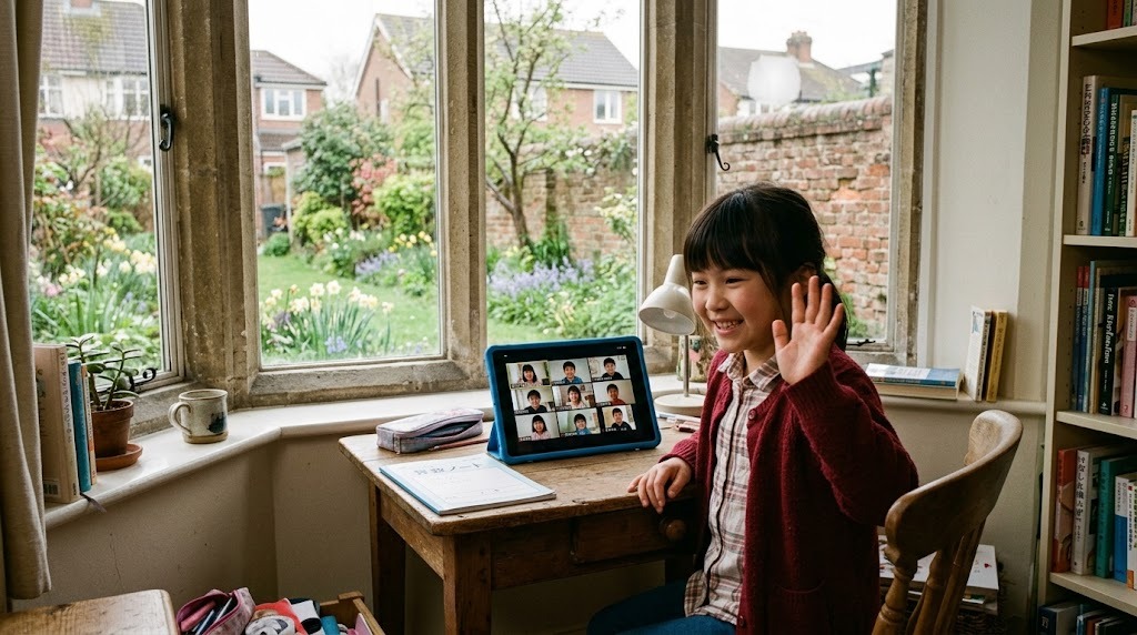 イギリスの自宅でオンライン授業の画面に映る日本の同世代の友達に手を振って笑う子ども