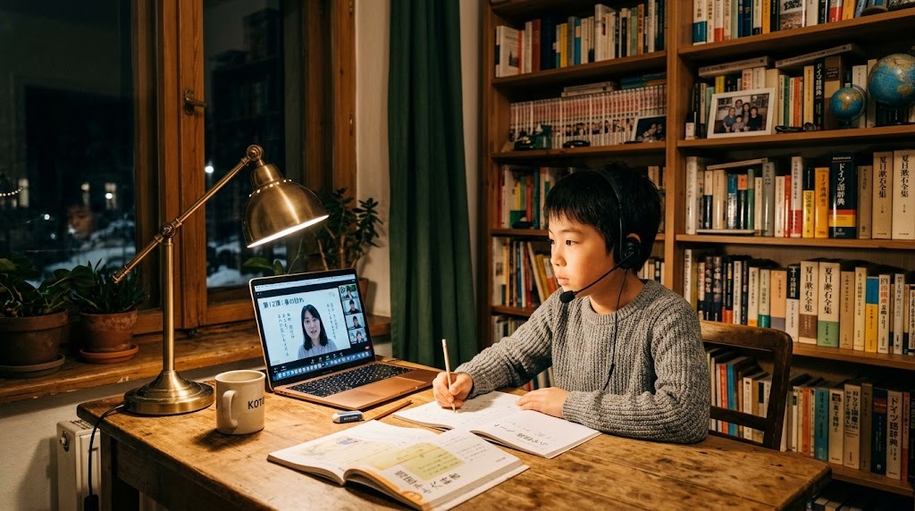 ドイツの自宅の部屋で、平日の夕方にヘッドセットを着けてオンラインの日本語グループ授業を受ける小学生