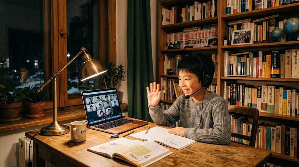 ドイツの自宅でオンライン授業の画面に映る日本の同世代の友達に手を振って笑う子ども