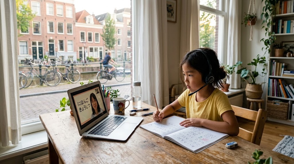 オランダの自宅の部屋で、平日の夕方にオンラインの日本語グループ授業に参加する小学生