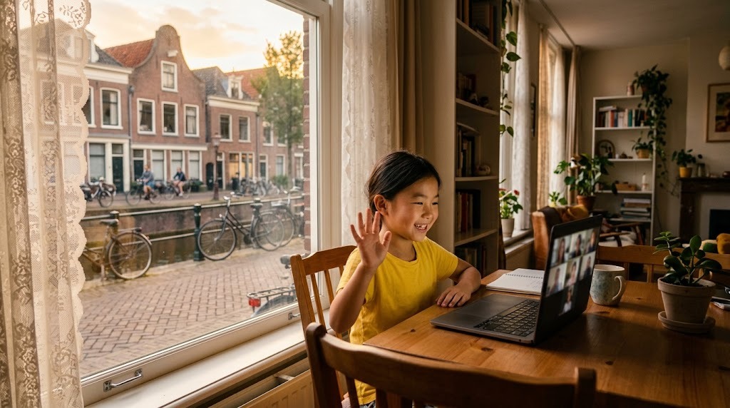 オランダの自宅でオンライン授業の画面に映る日本の同世代の友達に手を振って笑う子ども