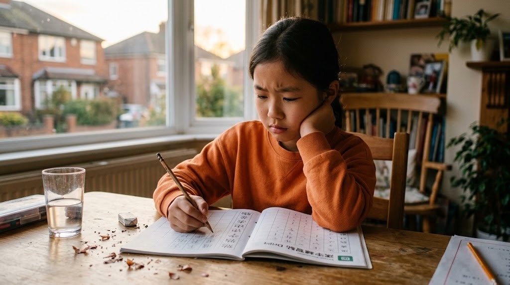 海外の自宅の机で、漢字ドリルを開いて鉛筆を持ちながら手が止まっている小学生