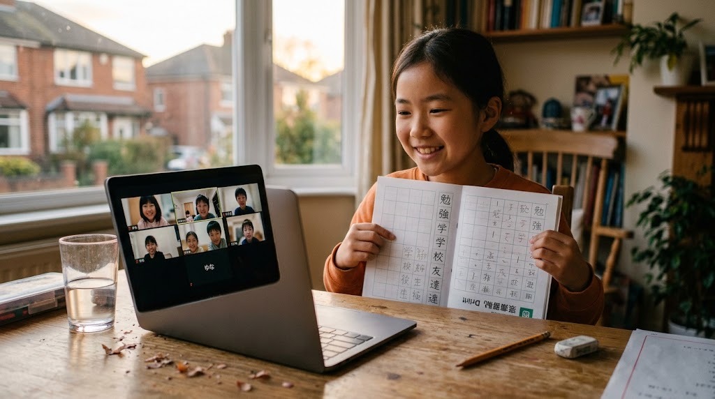 自宅のオンライン授業の画面に映る日本の同世代の友達に向かって、書いた漢字のノートを見せて笑う海外在住の子ども