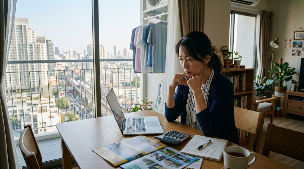海外のマンションのダイニングで、学校案内のパンフレットとノートパソコンを前に子どもの学費を考える母親