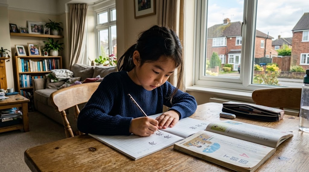 海外の自宅の机で日本の国語の教科書とノートを広げ鉛筆で漢字を書く小学生の女の子。日本人学校が無い都市でも学年相当の国語を続ける様子