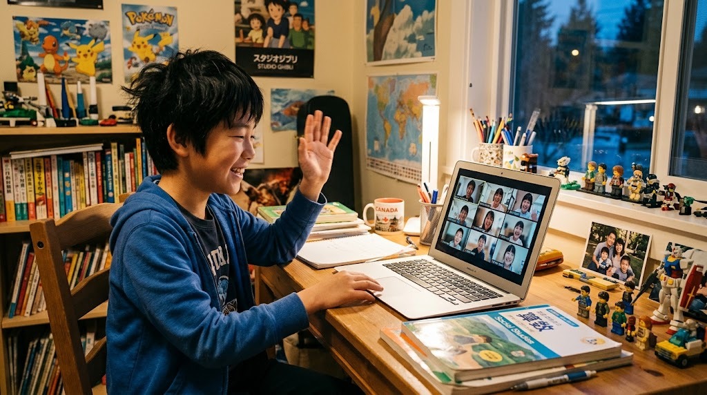 海外の子ども部屋でノートパソコンの画面に映る日本の同世代のクラスメイトに笑顔で手を振る小学生の男の子。オンラインで日本語と友達関係を続ける様子