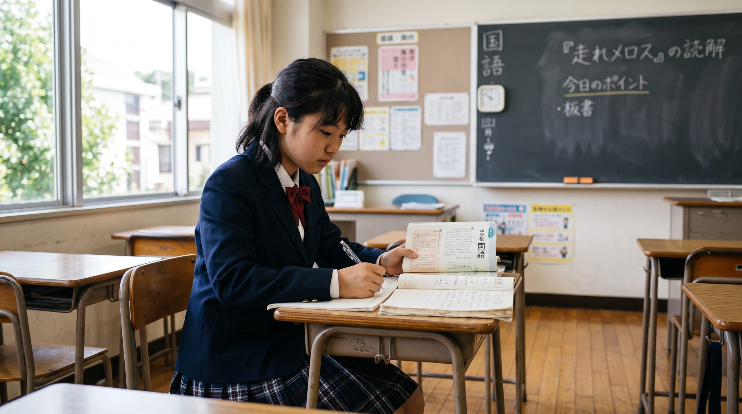 海外の日本人学校の教室で国語の教科書とノートを開いて授業を受ける中学生の女の子