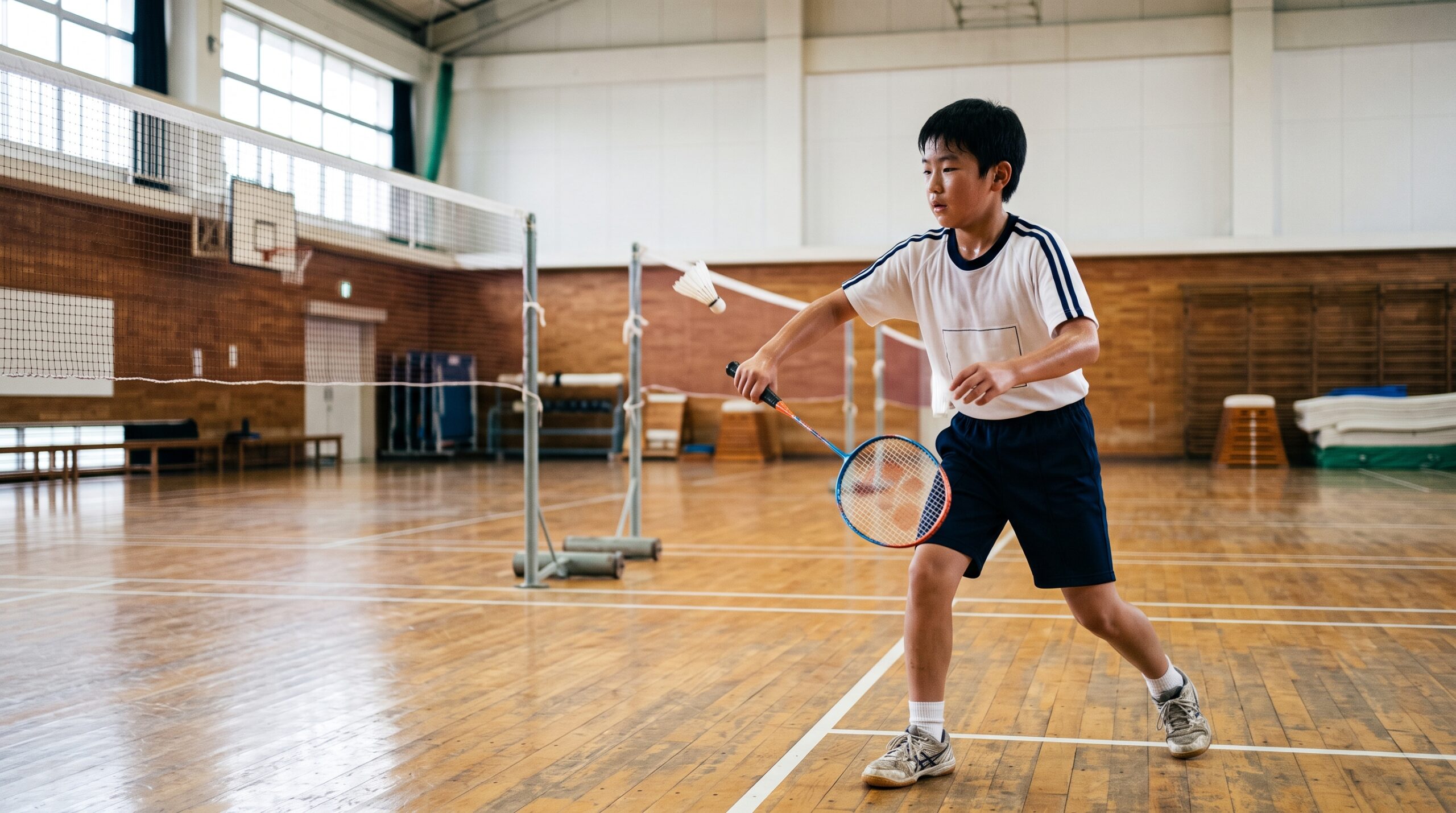 日本人学校の体育館で放課後にバドミントンの部活動をする中学生の男の子