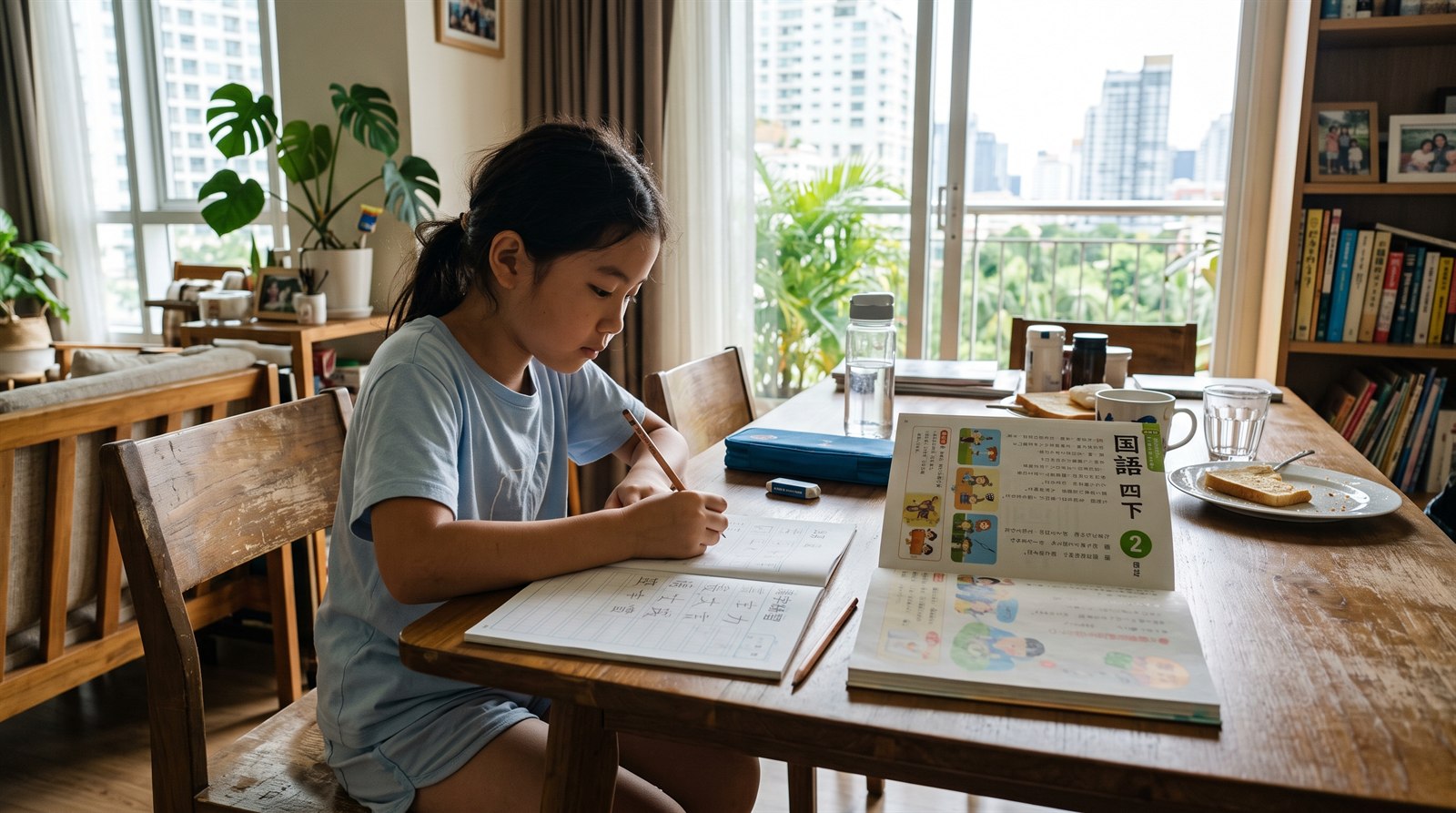 海外の自宅のダイニングで、日本の国語の教科書とノートを開いて漢字を書いている小学生