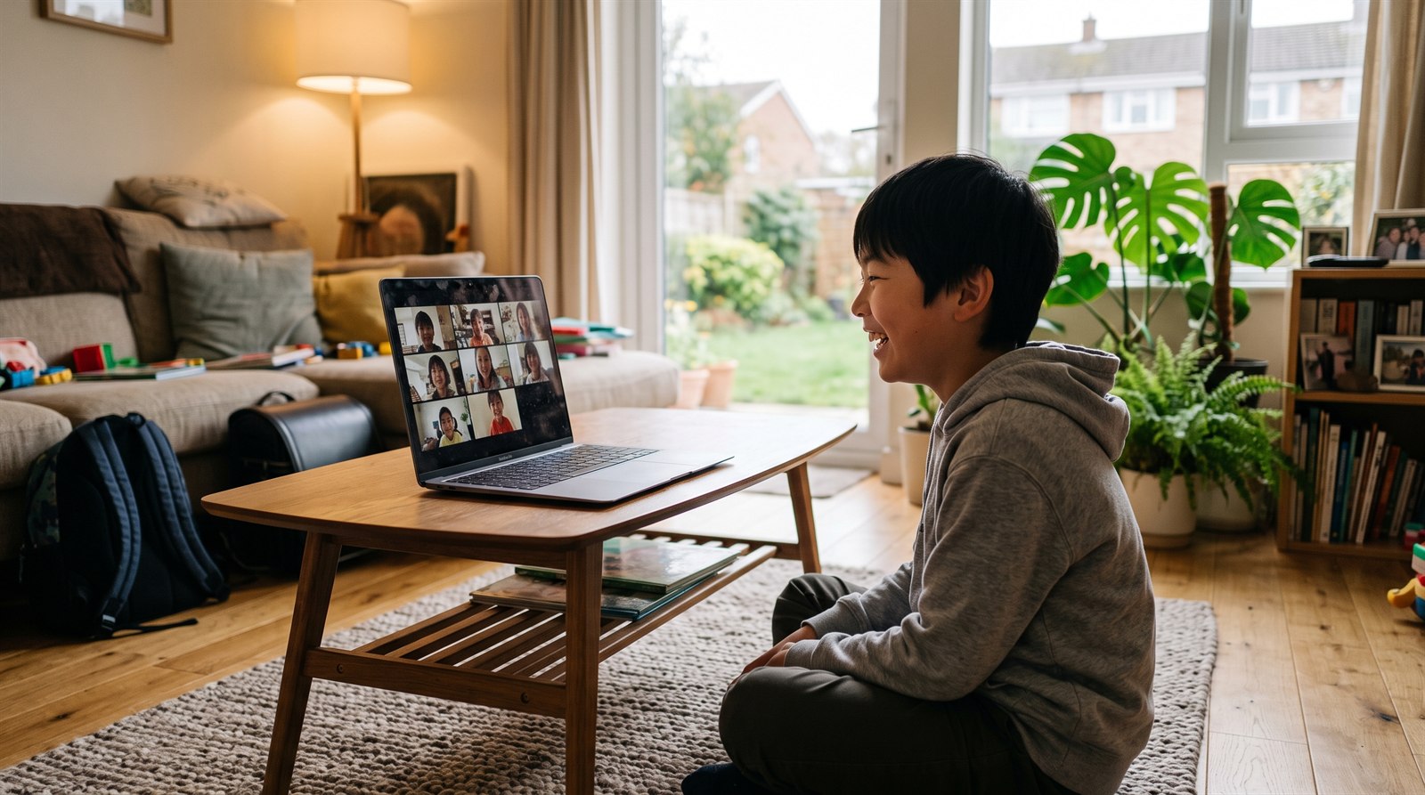 海外の自宅でノートパソコン越しに日本の同世代の友達と日本語で話しながら学ぶ小学生