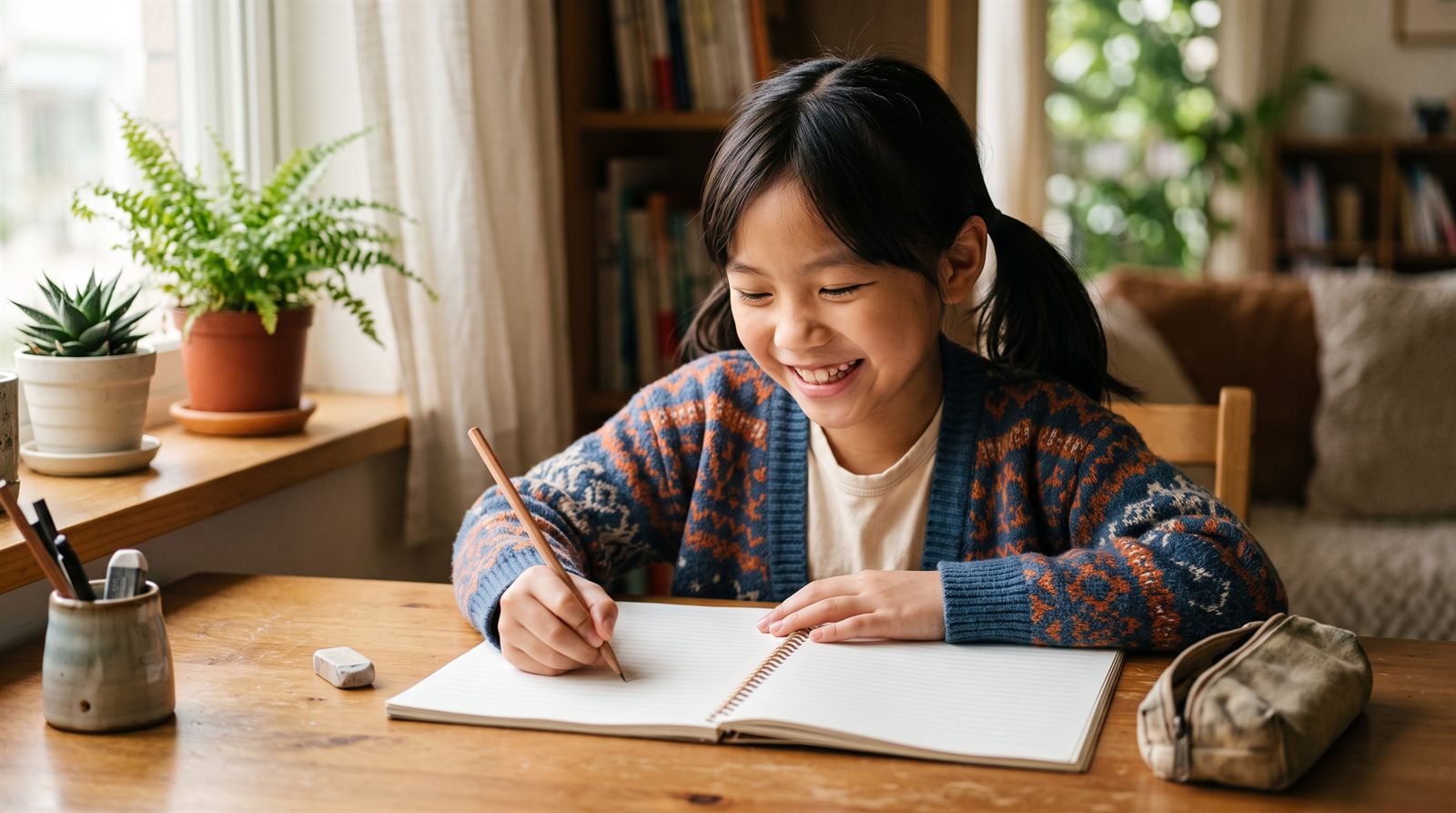 孩子在书桌前开心地学日语,没有想放弃的样子