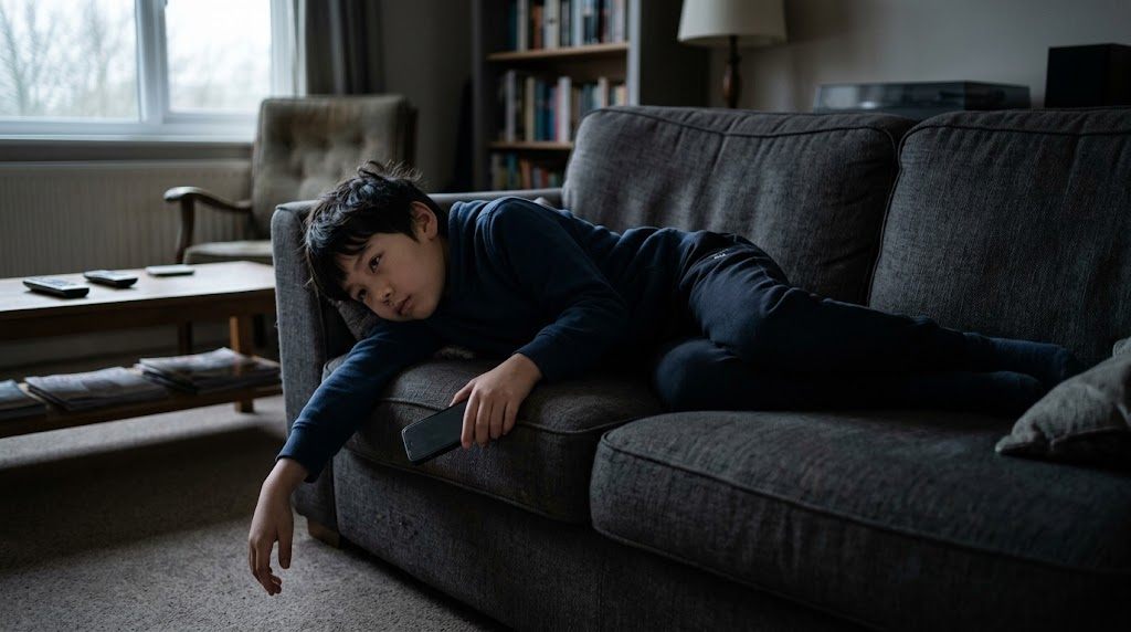 孩子一个人窝在沙发上刷手机,一脸提不起劲