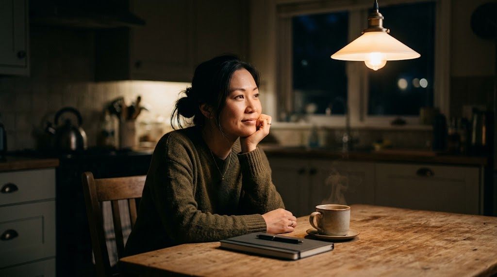 妈妈在夜里的餐桌旁思考孩子的学习选择