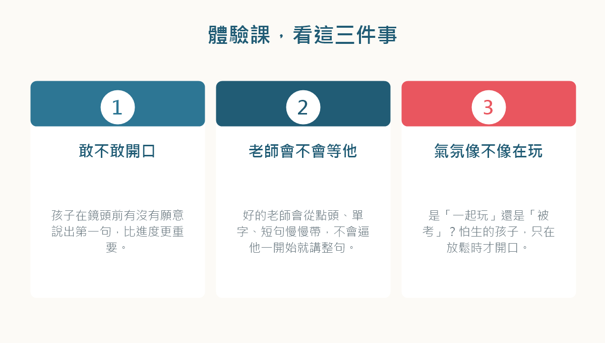 體驗課要觀察的3件事(敢不敢開口/老師會不會等他/氣氛像不像玩)