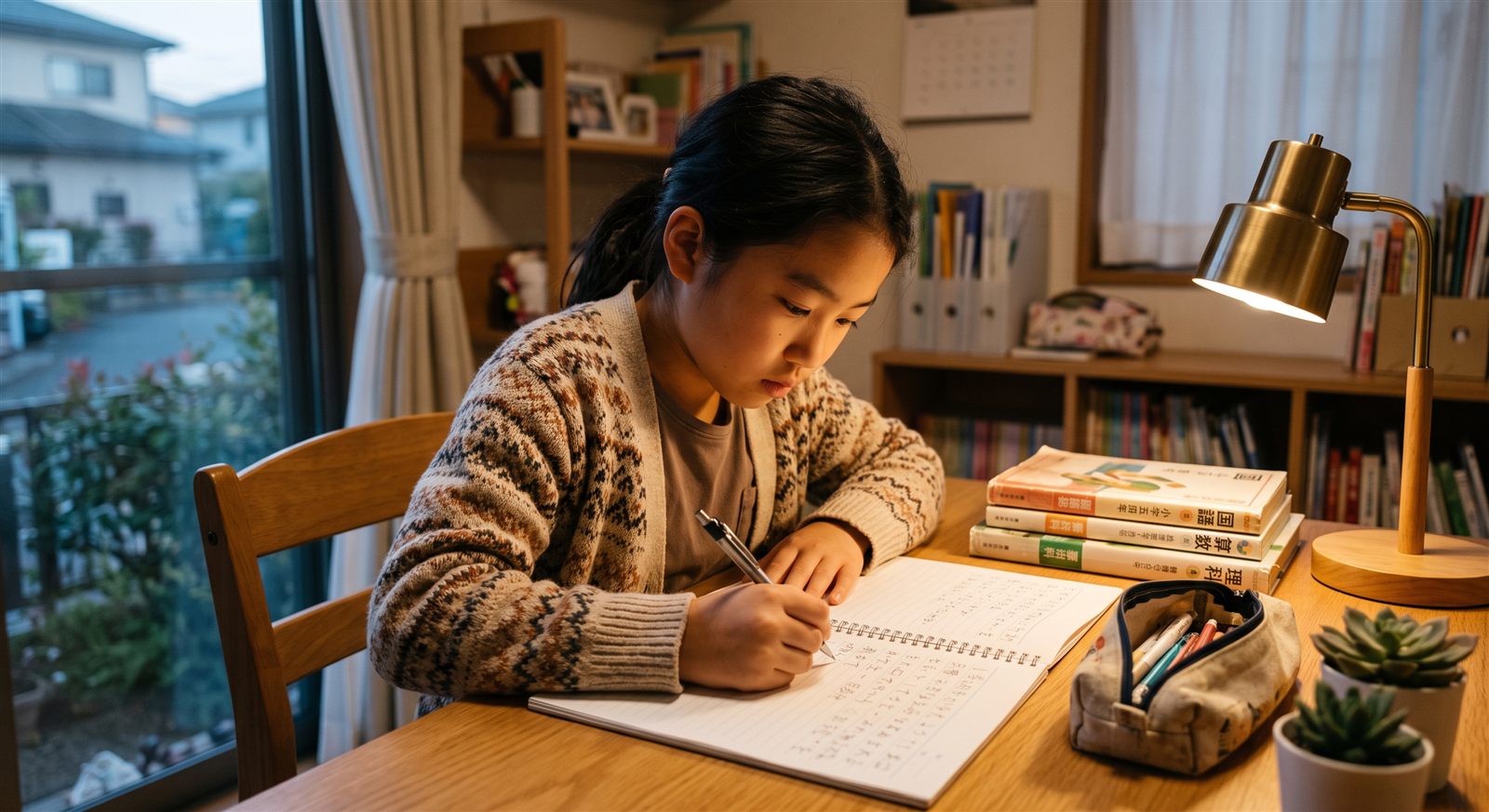 孩子專心在書桌前寫日語筆記，桌上有教材和鉛筆盒