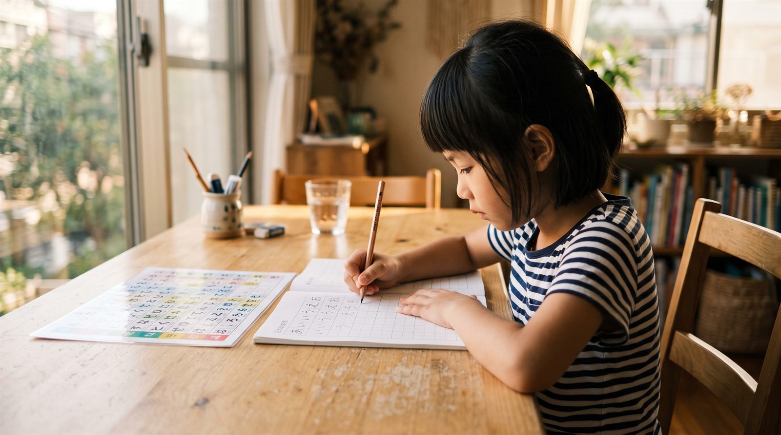孩子在書桌前用鉛筆在方格練習本上書寫日文平假名，桌上放著五十音表